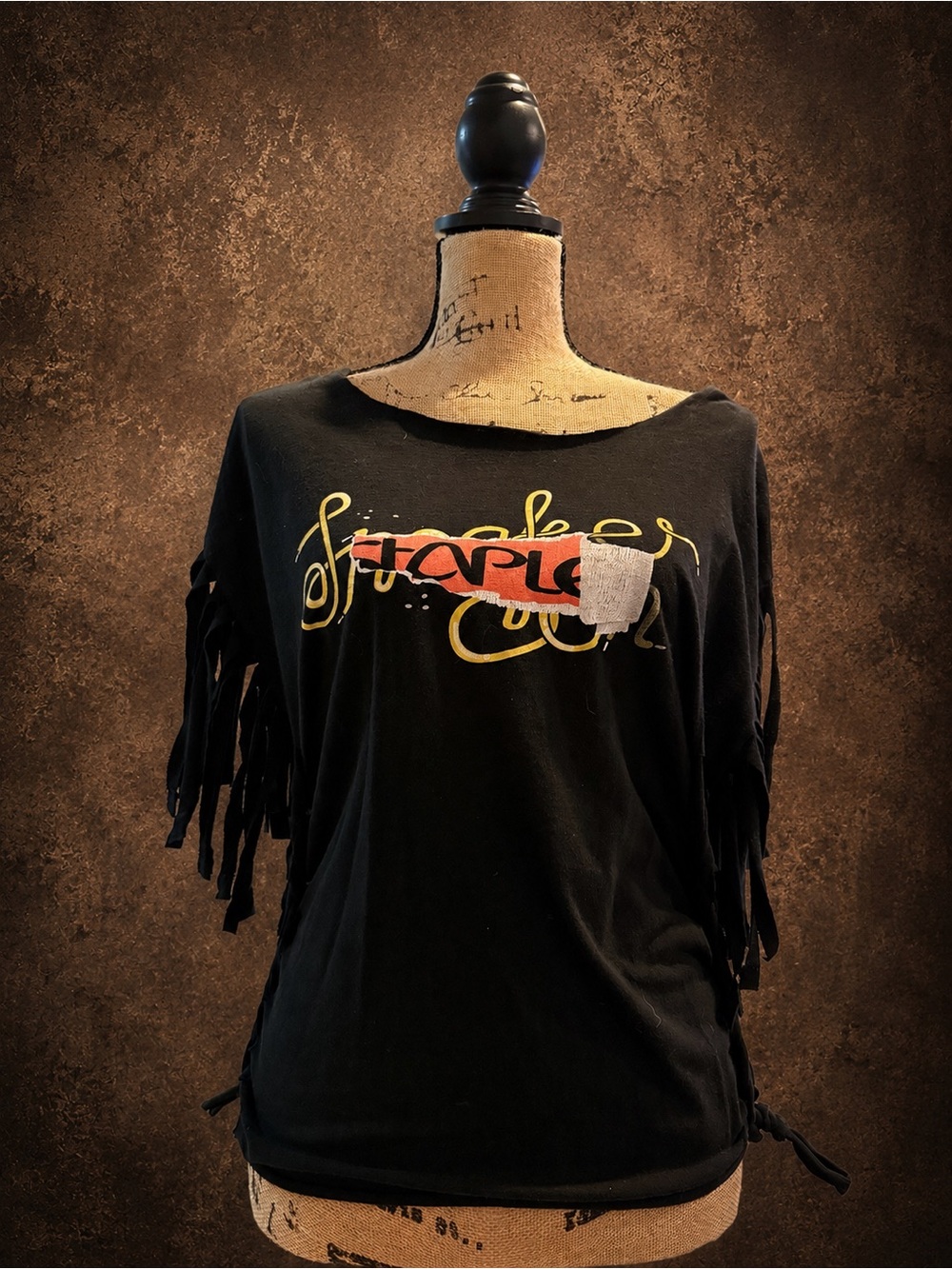Staple Black Graphic Tee with Fringe Sleeves